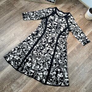 Neiman Marcus Floral Print Knee Length Dress Black and White
